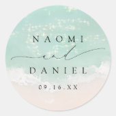 Moderne Script Zand Hartjes Strand Bruiloft Favori Ronde Sticker (Voorkant)