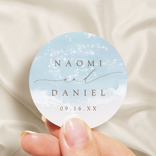 Moderne Script Zand Hartjes Strand Bruiloft Favori Ronde Sticker