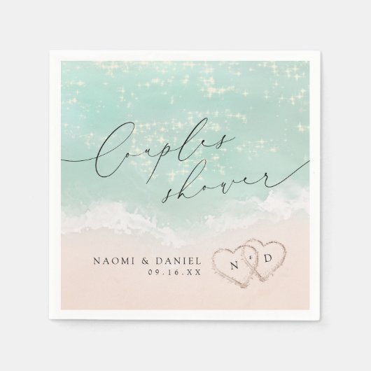 Moderne Script Zand Hartjes Strand Koppels Bruilof Servet (Voorkant)