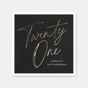 Moderne script zwart en goud 21e verjaardagsfeest servet