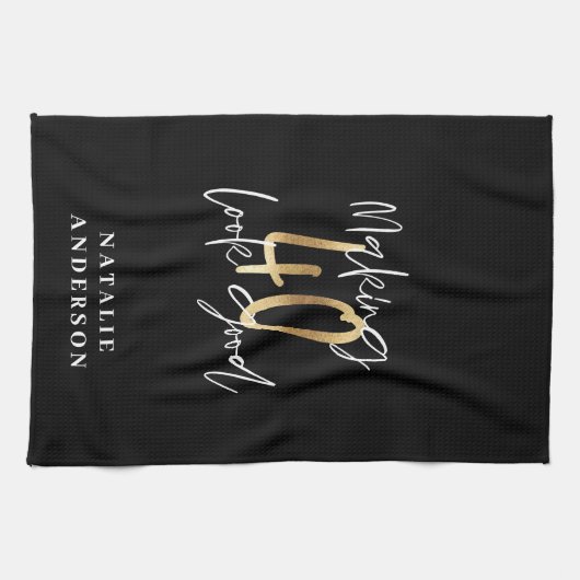 Moderne script zwart en goud 40e verjaardag theedoek (Horizontaal)