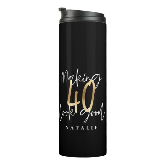 Moderne script zwart en goud 40e verjaardag thermosbeker (Geroteerd rechts)