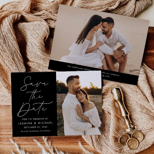 Moderne Script Zwart en Wit 2 Foto Save The Date