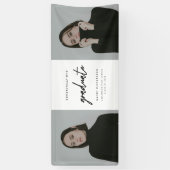 Moderne Script Zwart Wit 2-Foto Afstudeerfeest Spandoek (Verticaal)
