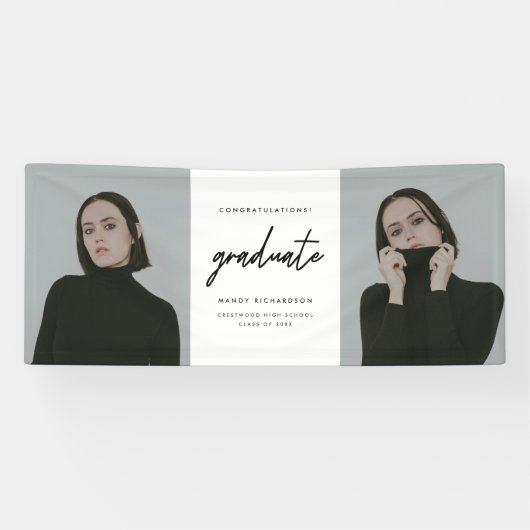 Moderne Script Zwart Wit 2-Foto Afstudeerfeest Spandoek (Horizontaal)