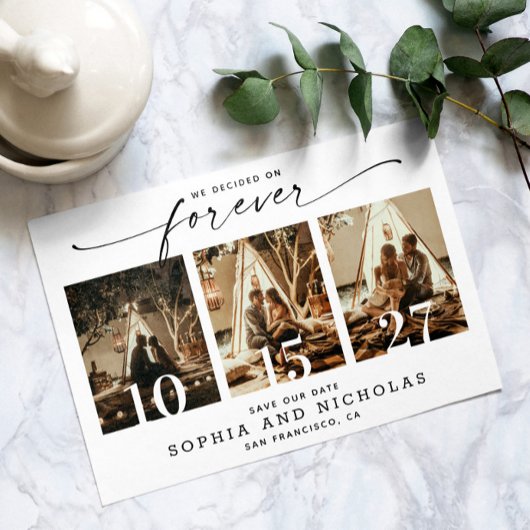 Moderne script | Zwart-wit 3 foto-collage Save The Date
