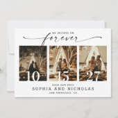 Moderne script | Zwart-wit 3 foto-collage Save The Date (Voorkant)