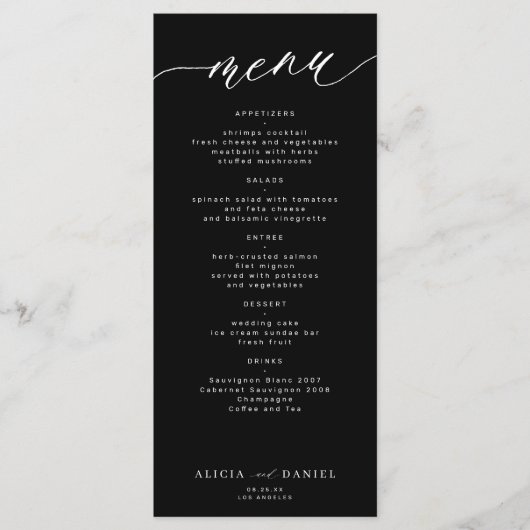 Moderne script zwart-wit bruiloft menu (Voorkant)