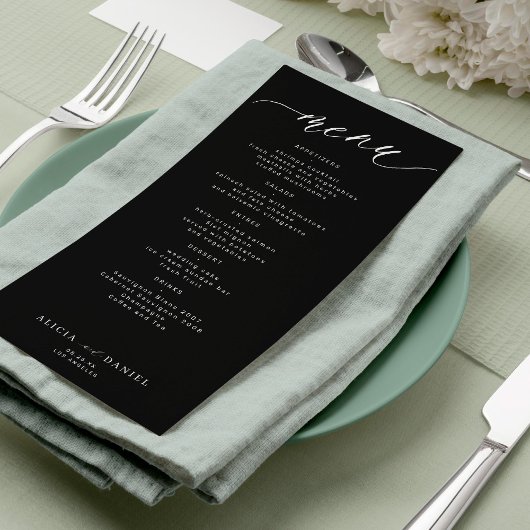 Moderne script zwart-wit bruiloft menu