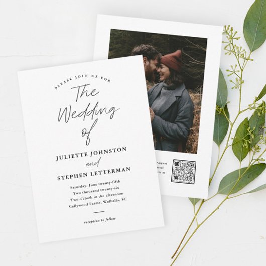 Moderne Script Zwart-Wit QR-code Huwelijk Kaart