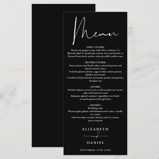 Moderne Script Zwart-Wit Trouwdiner Menu (Voorkant / Achterkant)