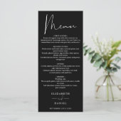 Moderne Script Zwart-Wit Trouwdiner Menu (Staand voorkant)