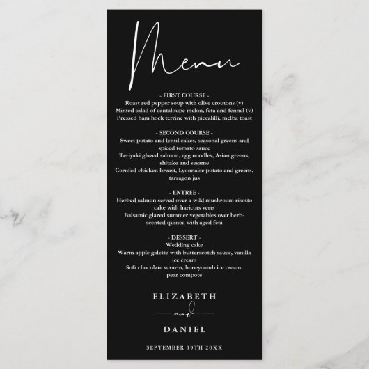 Moderne Script Zwart-Wit Trouwdiner Menu (Voorkant)