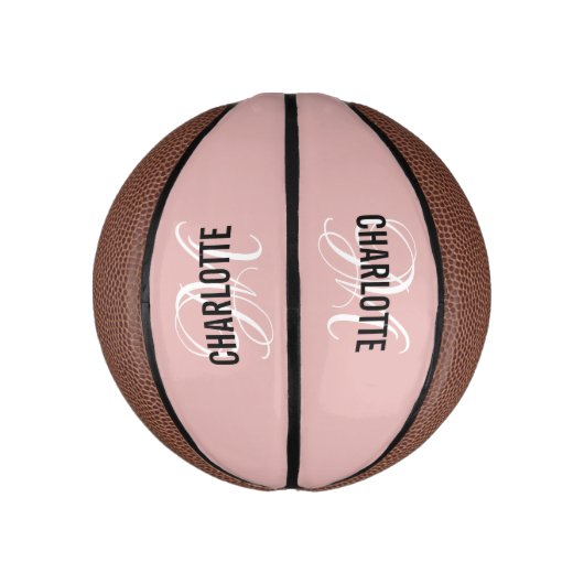 Moderne script: zwarte roze monogram naam basketba basketbal (Verticaal)