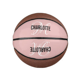 Moderne script: zwarte roze monogram naam basketba basketbal
