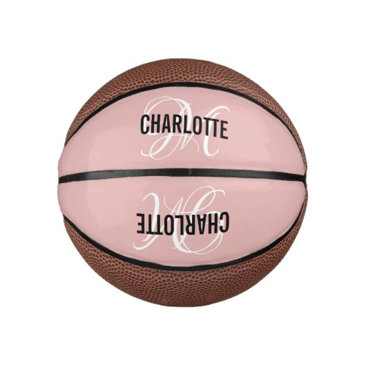 Moderne script: zwarte roze monogram naam basketba basketbal (Voorkant)