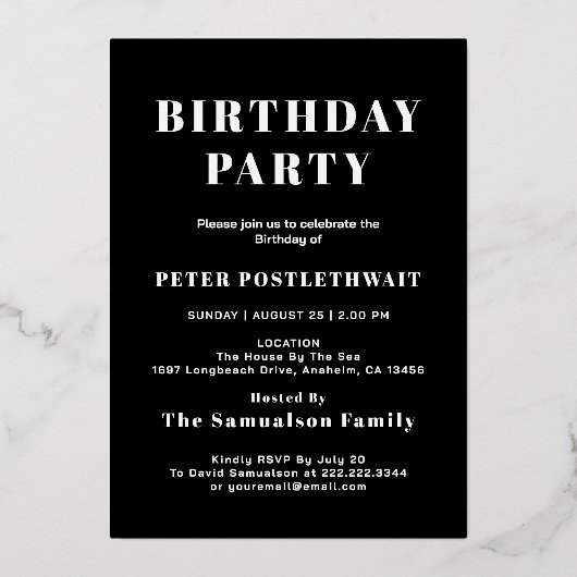 Moderne scriptaanbieding op zaterdag (zwart en gou folie uitnodiging (Achterkant)