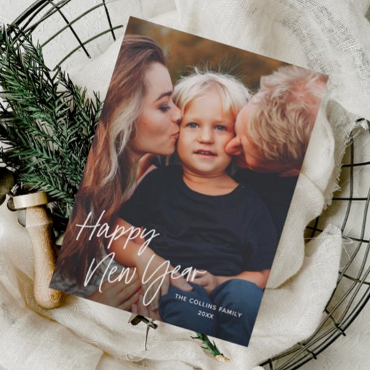 Moderne scriptbelettering 2 foto nieuwe jaren feestdagenkaart