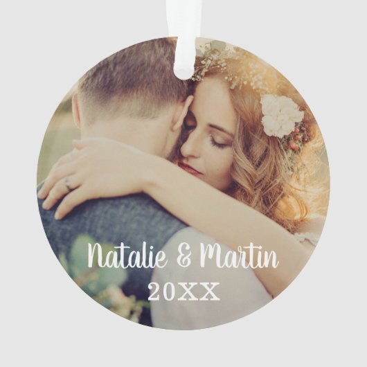 Moderne scriptbride en bruideweddenfoto ornament (achterkant)