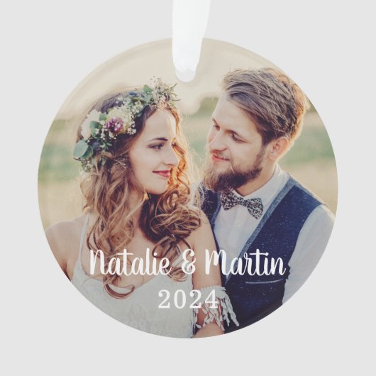 Moderne scriptbride en bruideweddenfoto ornament (voorkant)