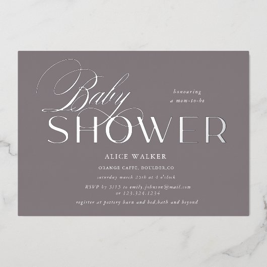moderne scriptelegant baby shower folie-uitnodigin folie uitnodiging (Voorkant)