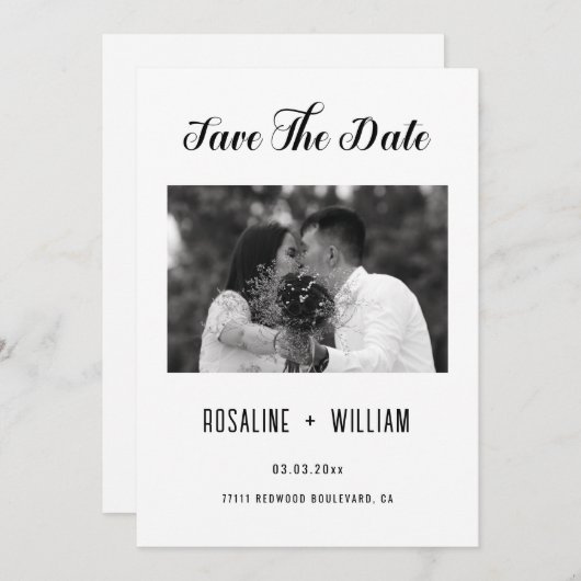 Moderne scriptfoto Bewaar de datum - Elegant B & W Kaart (Voorkant / Achterkant)