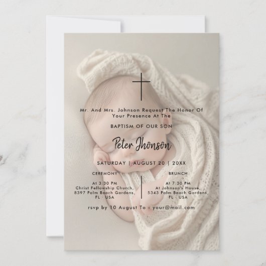 Moderne scriptfoto overlay genderneutraal doopsel kaart (Voorkant)