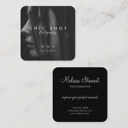 Moderne scriptfotografie vierkante visitekaartje (Voorkant / Achterkant)