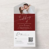 Moderne Scriptie Burgundy Rood Foto QR Code Bruilo All In One Uitnodiging (Binnen)