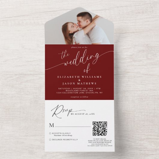 Moderne Scriptie Burgundy Rood Foto QR Code Bruilo All In One Uitnodiging (Binnen)