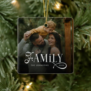 Moderne Scriptie Familie Aangepaste Foto Naam Keramisch Ornament