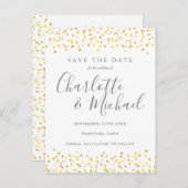 Moderne Scriptie Gouden Harten Confetti Bewaar de  Aankondigingskaart (Voorkant / Achterkant)