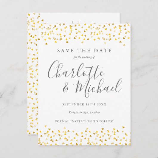 Moderne Scriptie Gouden Harten Confetti Bewaar de  Aankondigingskaart (Voorkant / Achterkant)