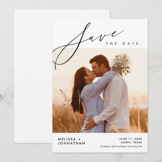 Moderne scriptie huwelijksceremonie, dinerfeest save the date (Voorkant / Achterkant)