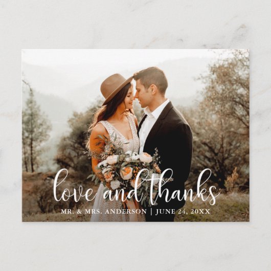 Moderne Scriptie Liefde en Dank Huwelijksfoto Briefkaart (Voorkant)