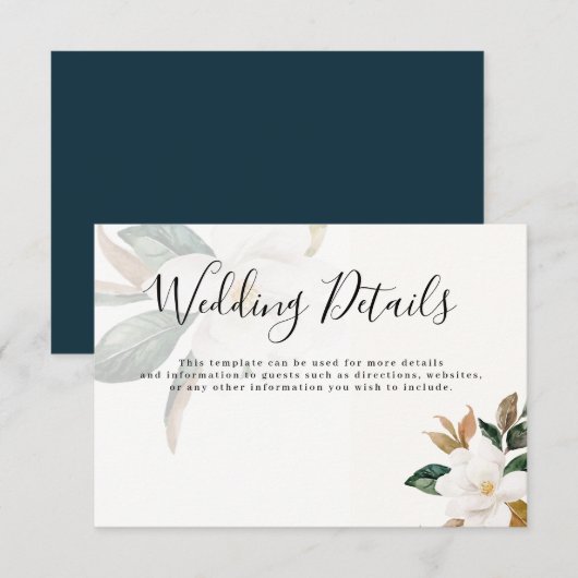 Moderne scriptie magnolia trouwkaart details kaart (Voorkant / Achterkant)