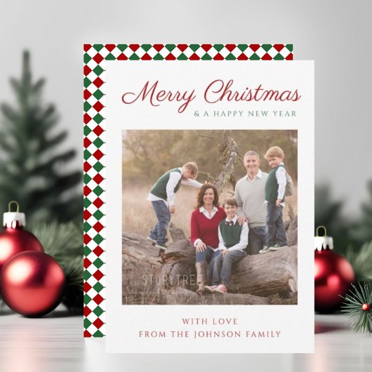 Moderne Scriptie Rode Groene Checks Kerst Foto Feestdagenkaart