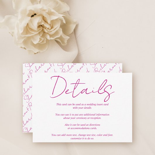 Moderne scriptkalligrafie magenta roze bruiloft informatiekaartje