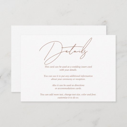 Moderne scriptkalligrafie mocha en witte bruiloft informatiekaartje (Voorkant / Achterkant)
