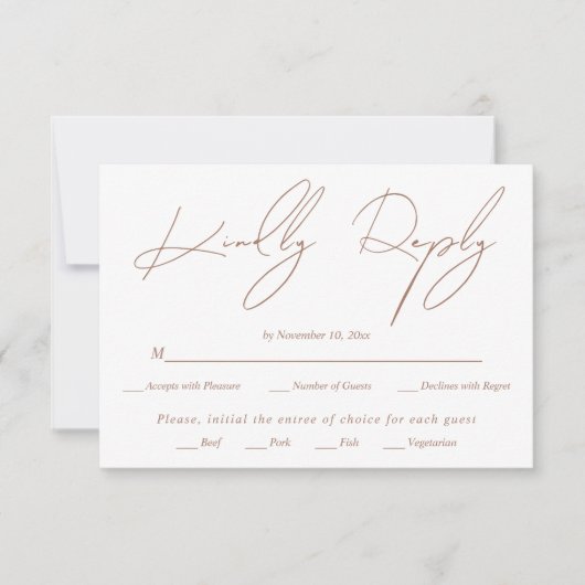 Moderne scriptkalligrafie mocha op witte bruiloft RSVP kaartje (Voorkant)