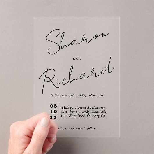 Moderne scriptkalligrafie zwarte bruiloft acryl uitnodigingen (Insitu (Draagbaar))