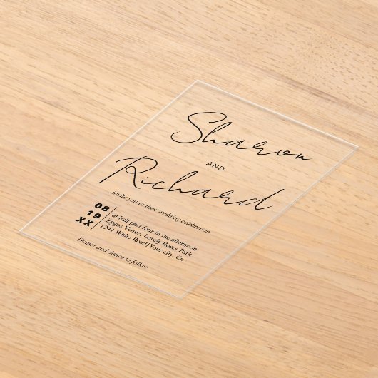 Moderne scriptkalligrafie zwarte bruiloft acryl uitnodigingen (Laagn)