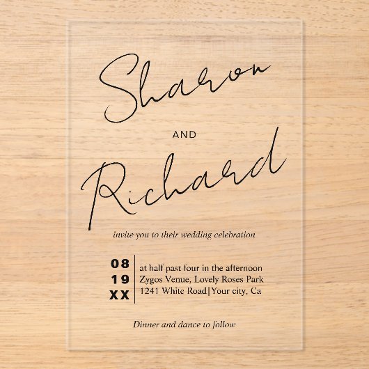 Moderne scriptkalligrafie zwarte bruiloft acryl uitnodigingen (Voorkant)