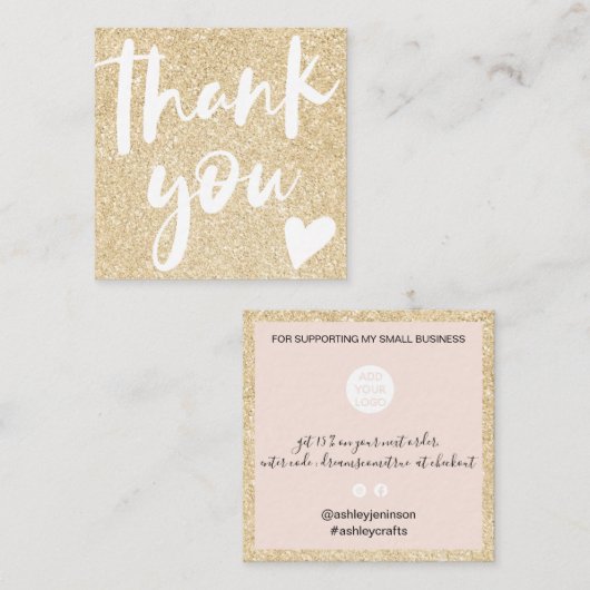 Moderne scriptlettersoort goud glitter roze bedank vierkante visitekaartje (Voorkant / Achterkant)