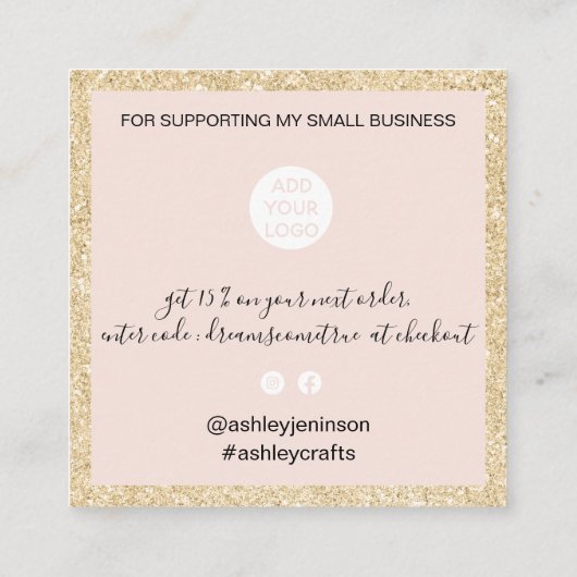 Moderne scriptlettersoort goud glitter roze bedank vierkante visitekaartje (Achterkant)