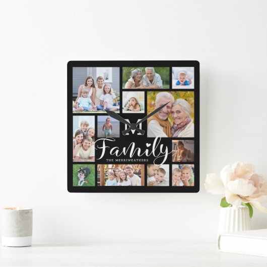 Moderne scriptnaam foto-inkuilmonogram vierkante klok (Huis)