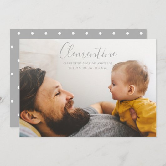 Moderne scriptnaam foto polka dot geboorte aankondiging (Voorkant / Achterkant)