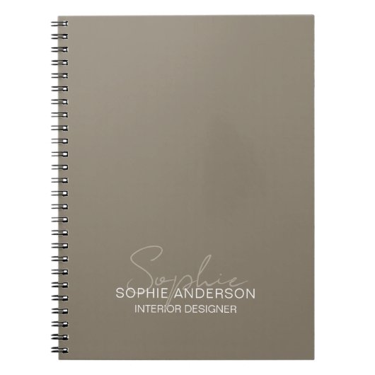 Moderne scriptnaam interieurontwerper taupe notitieboek (Voorkant)