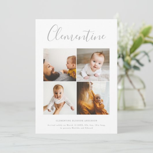 Moderne scriptnaam multi foto polka dot geboorte aankondiging (Staand voorkant)