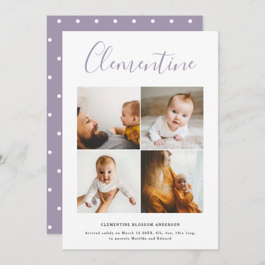 Moderne scriptnaam multi foto polka dot geboorte aankondiging (Voorkant / Achterkant)